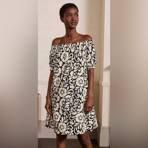 Boden Black & Cream Hibiscus Floral Off-the-Shoulder Smocked Mini Dress